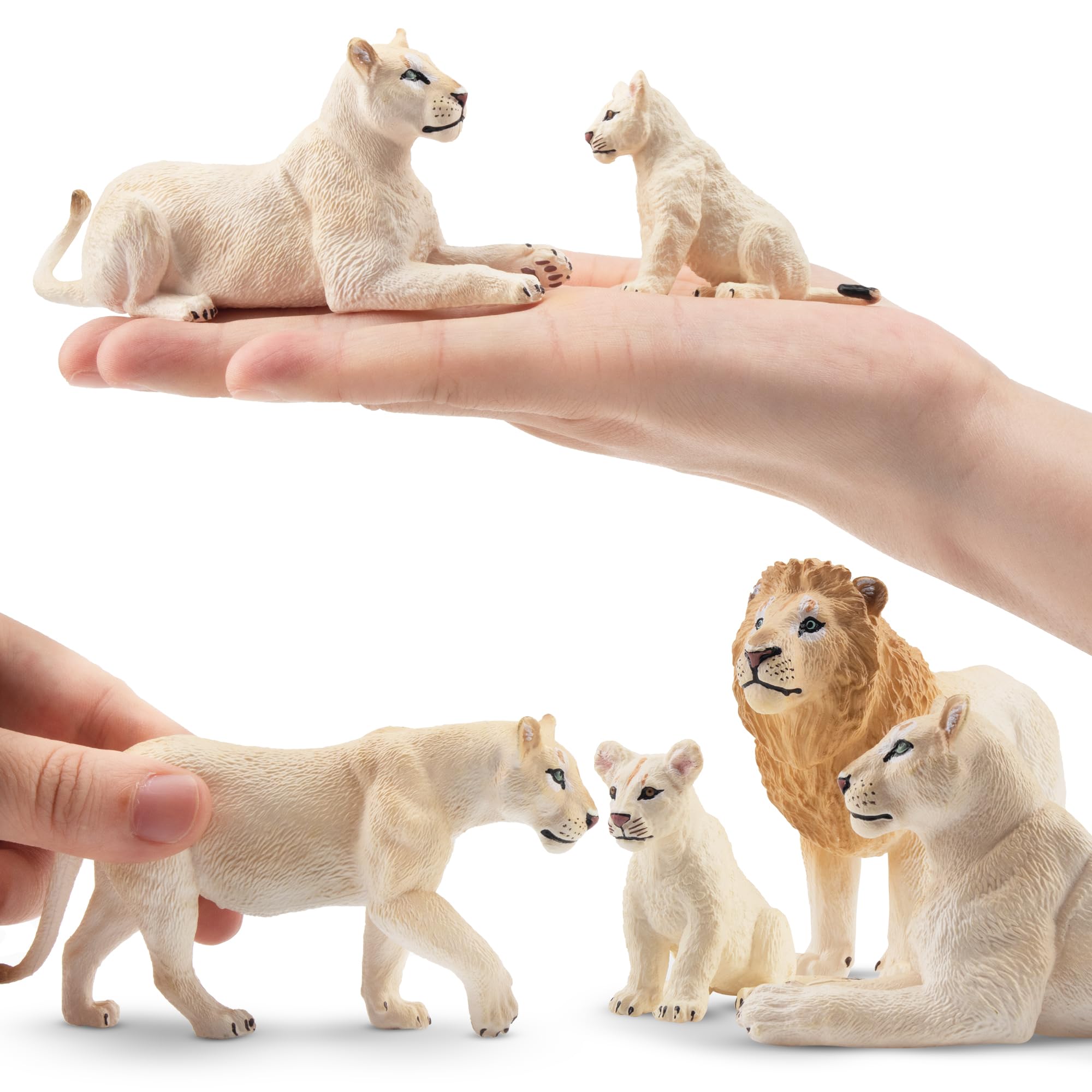 Toymany white lion cubs with cute faces inspire storytelling and role play.