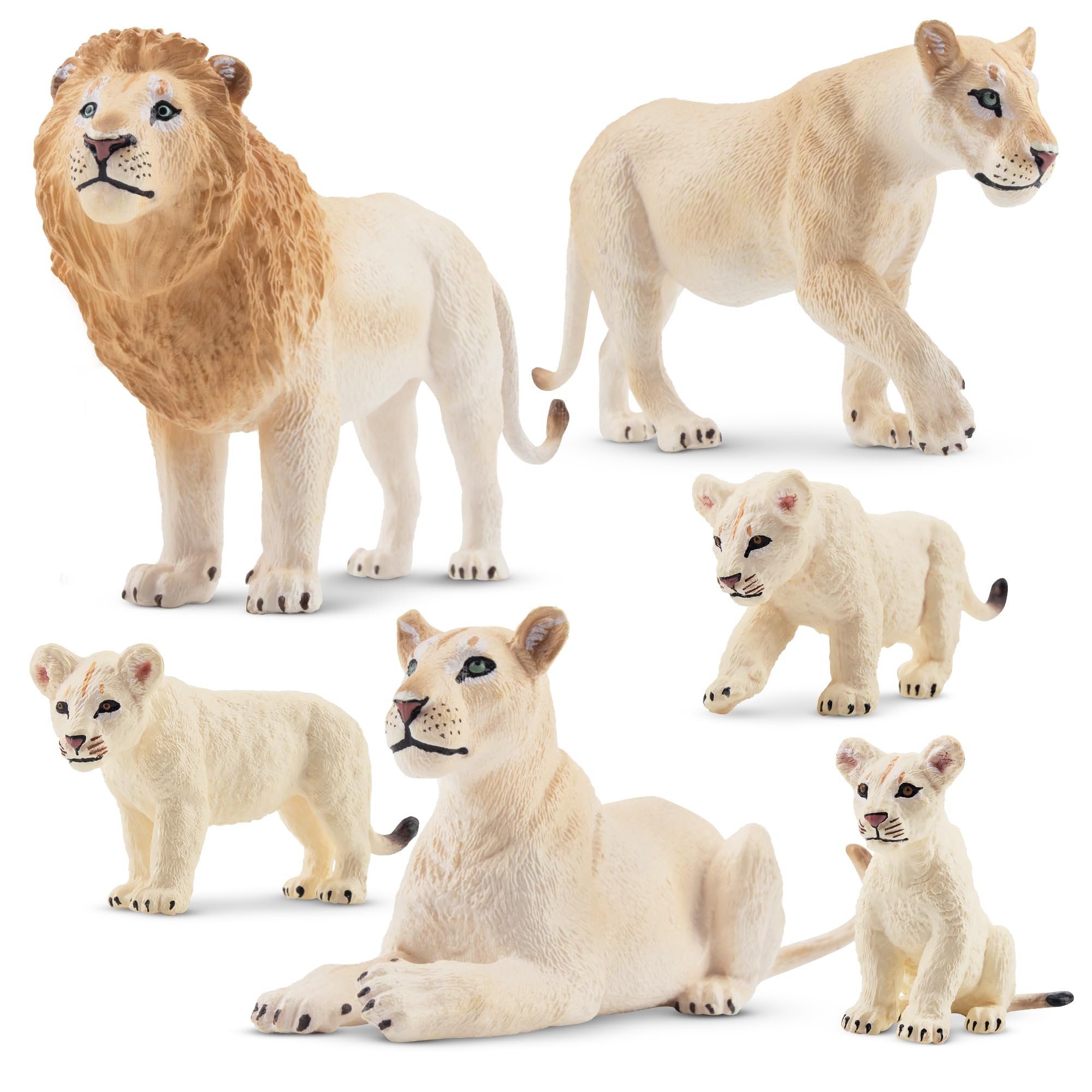 Toymany white lion figures family set with realistic poses for imaginative play.
