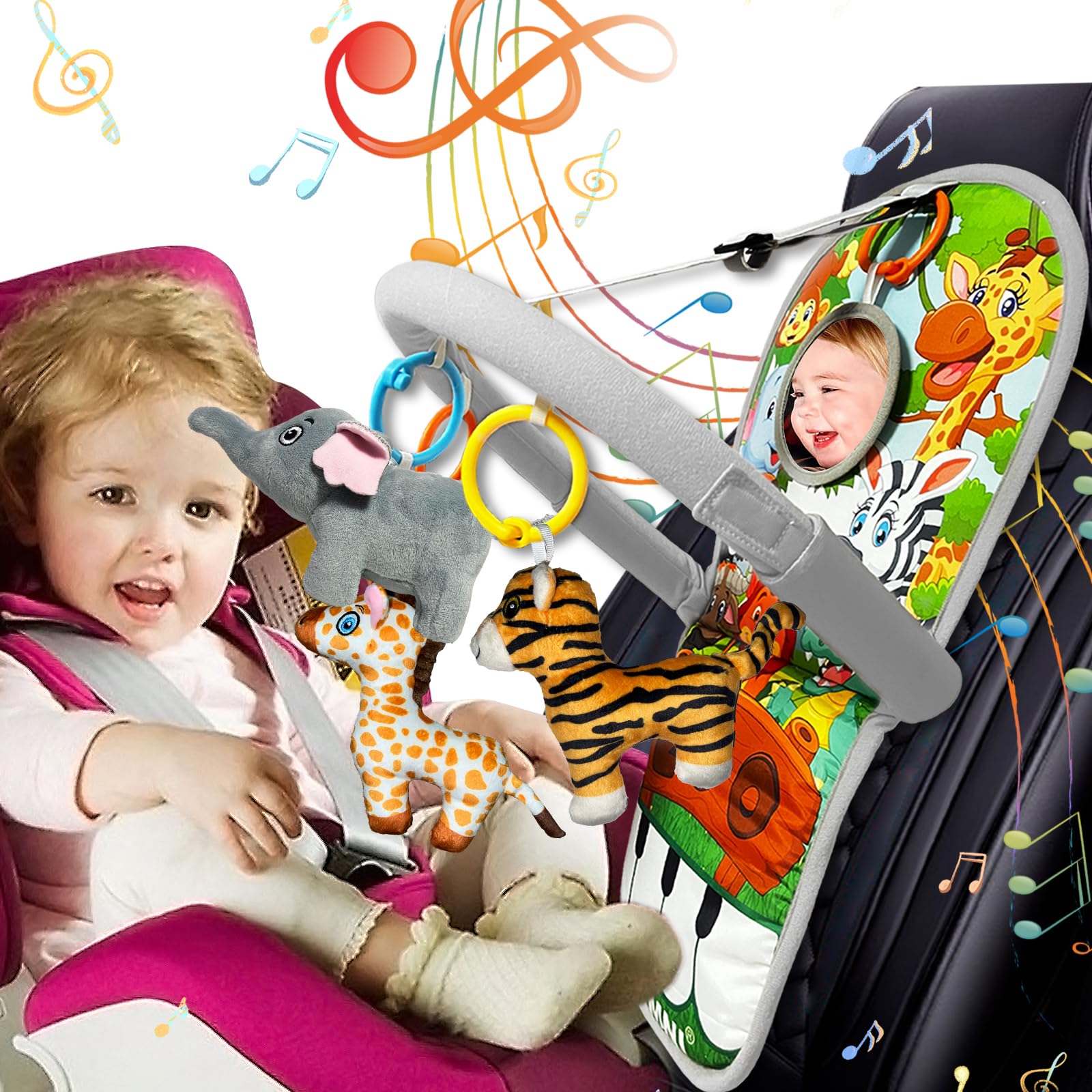 TOYMNI pedal piano car seat toy with soothing melodies for babies.
