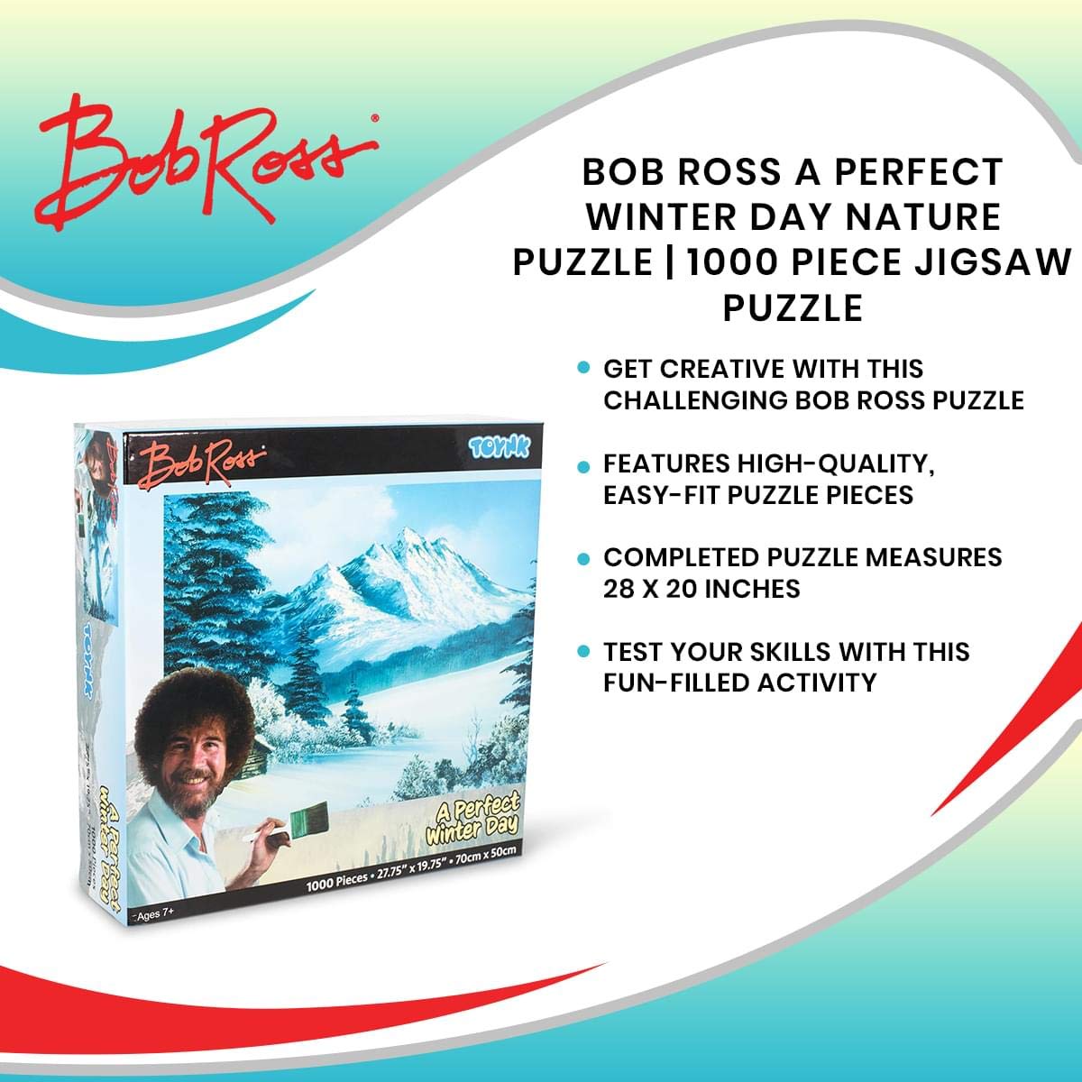 Toynk Bob Ross finished puzzle display creates a beautiful shelf centerpiece.
