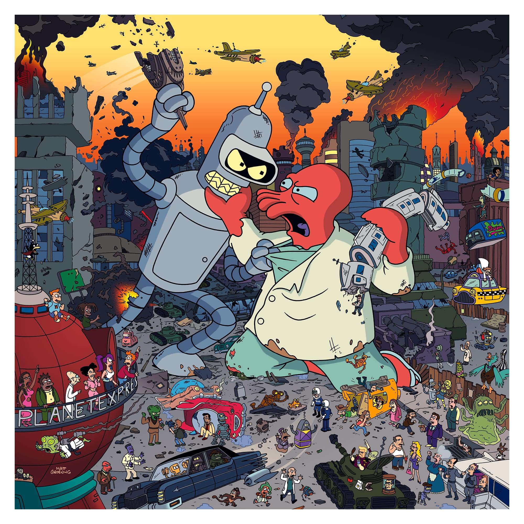 Toynk Futurama Bender vs Zoidberg puzzle cover—dramatic city scene for adult puzzle fans.