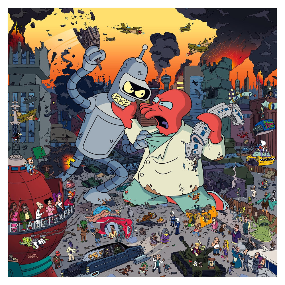 Toynk Futurama Bender vs Zoidberg puzzle cover—dramatic city scene for adult puzzle fans.