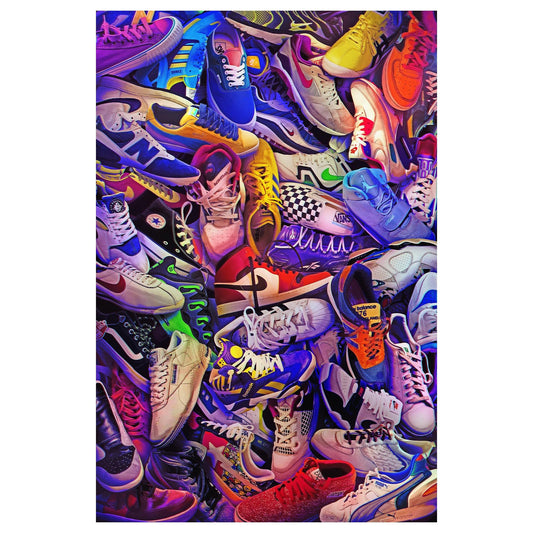 Toynk Sneakerheads puzzle assembled display showcases a dynamic 28x20 inch reveal for home decor.