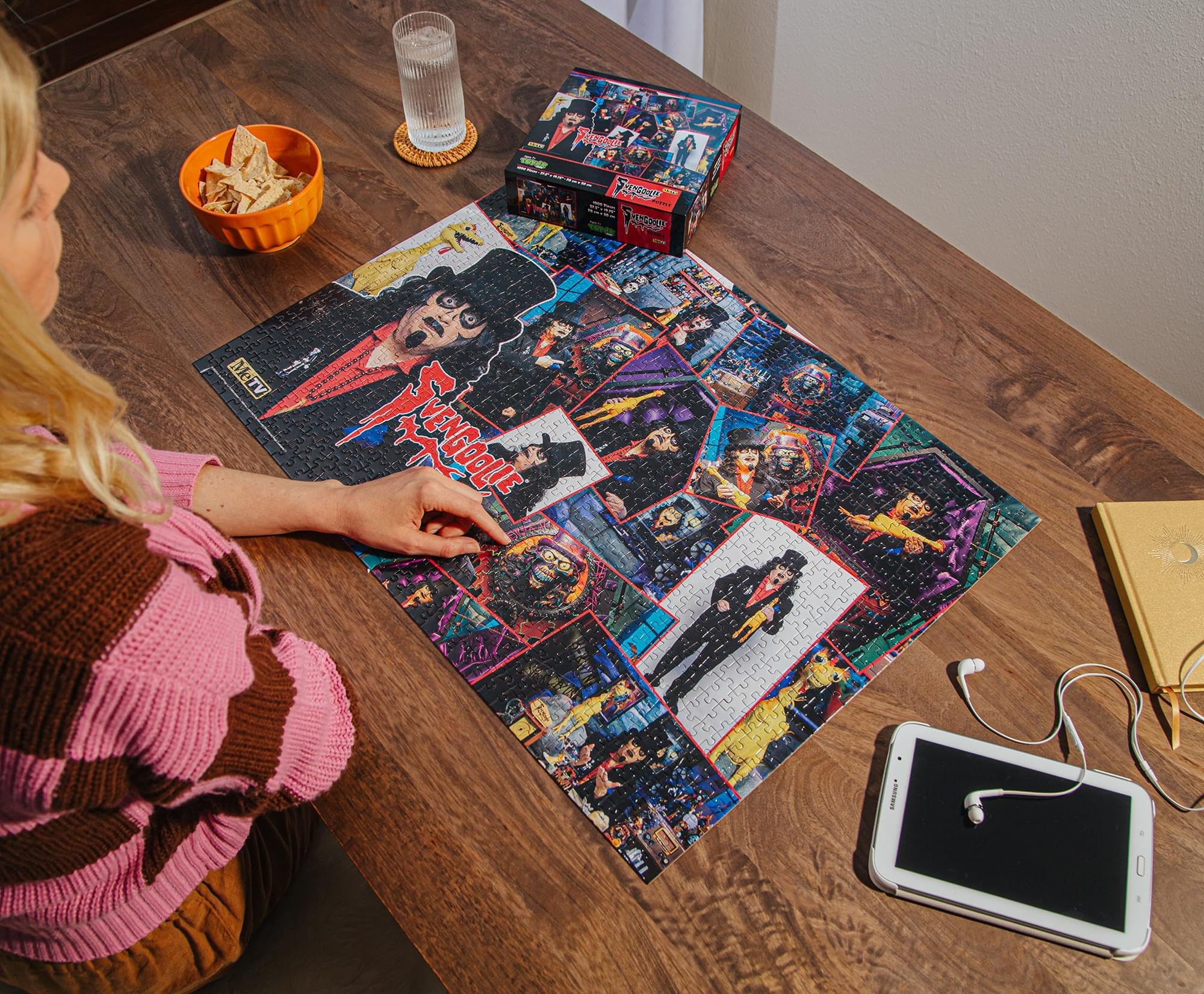 Toynk Svengoolie chills collage—cozy evenings and group puzzle sessions.