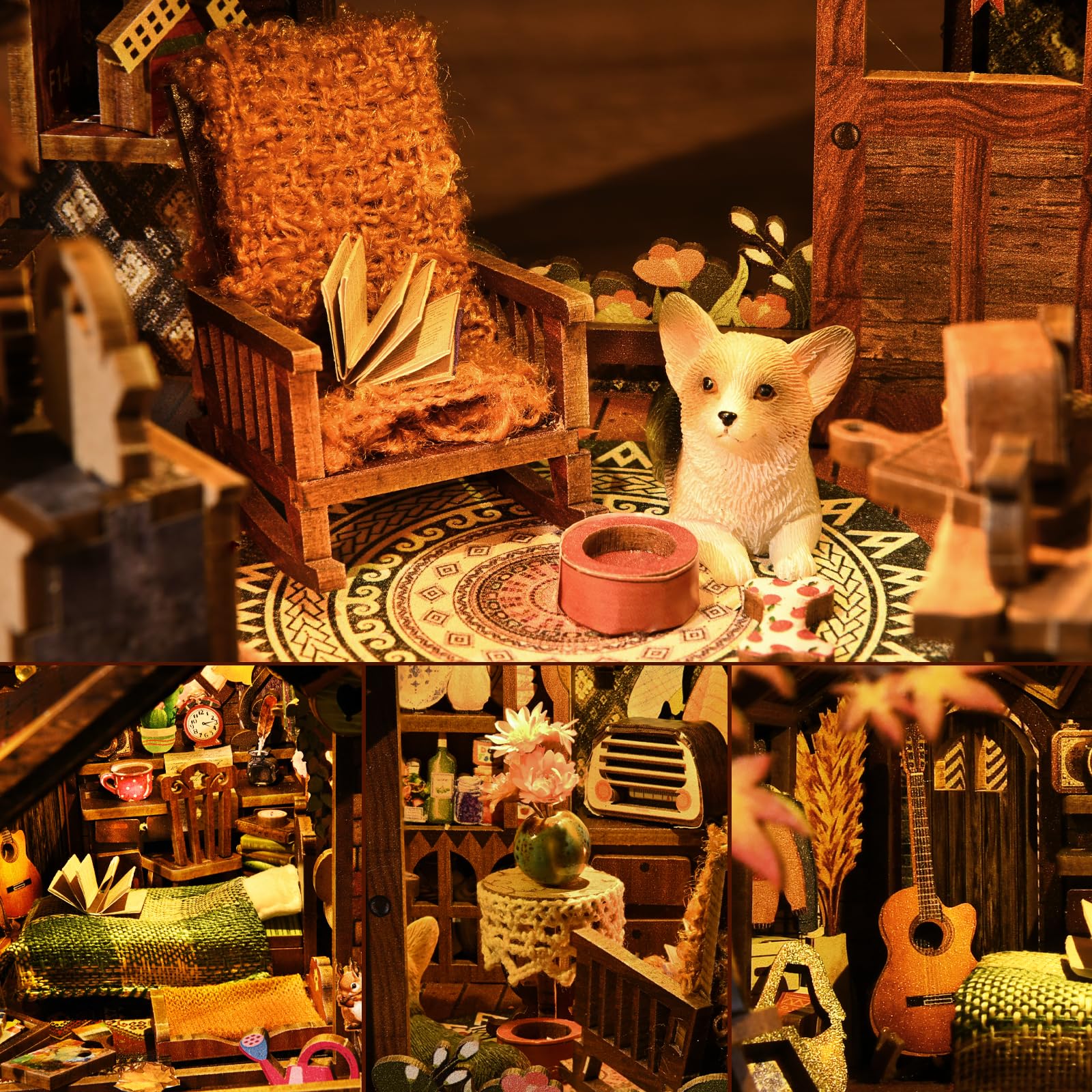 TOYQI Book Nook Kit fireplace glow adds warm ambiance on your desk.