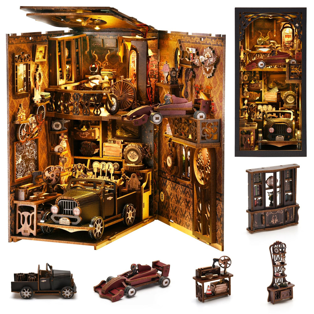TOYQI Book Nook Kit front view showcases vintage cars and a ready-to-display scene.