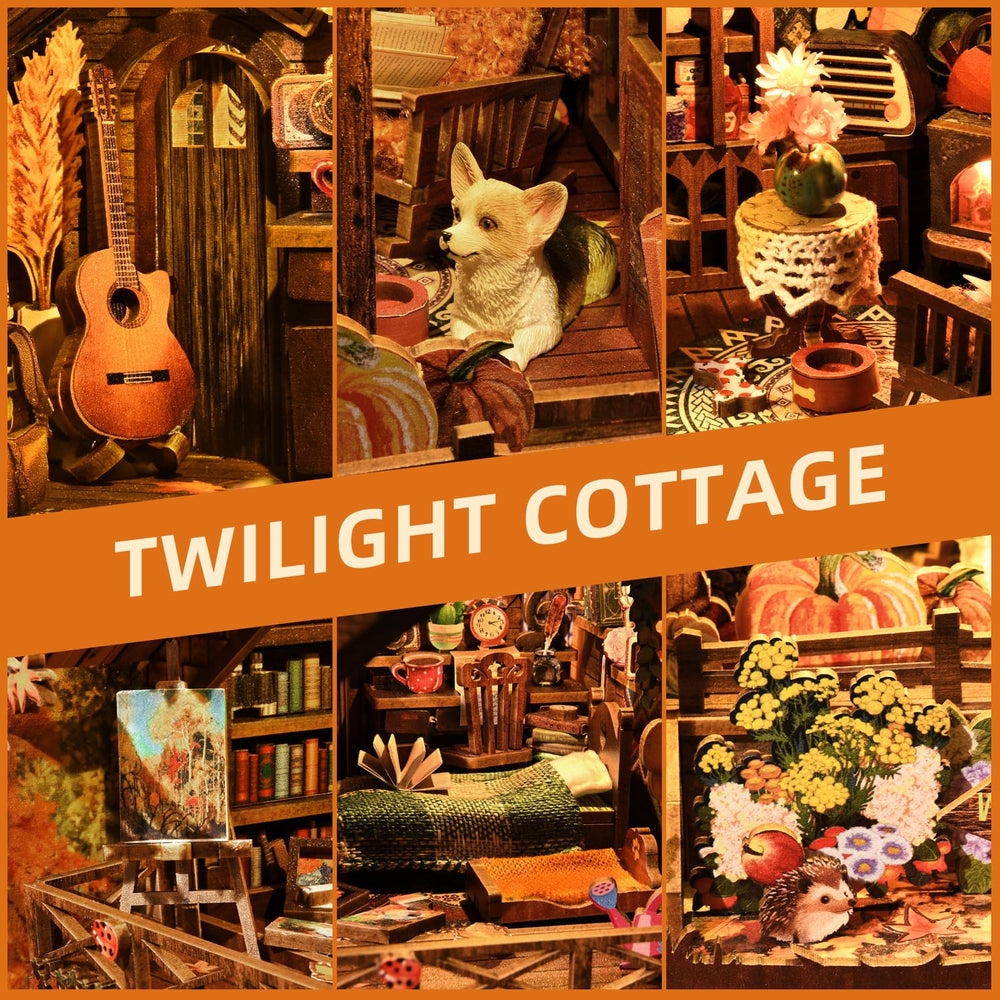TOYQI Book Nook Kit LED lights illuminate the cottage, creating a cozy night-time scene.