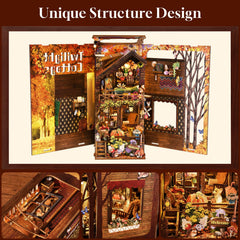 TOYQI Book Nook Kit wooden porch railing highlights cottage charm for a warm study or shelf display.