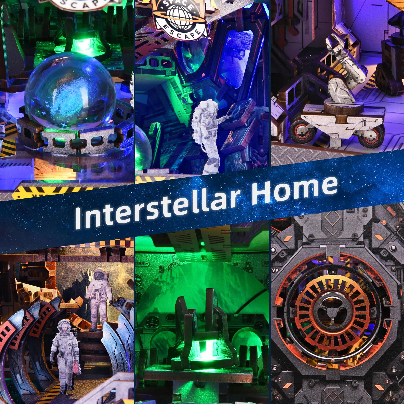 TOYQI DIY Book Nook Kit LED lights highlight the space station scene