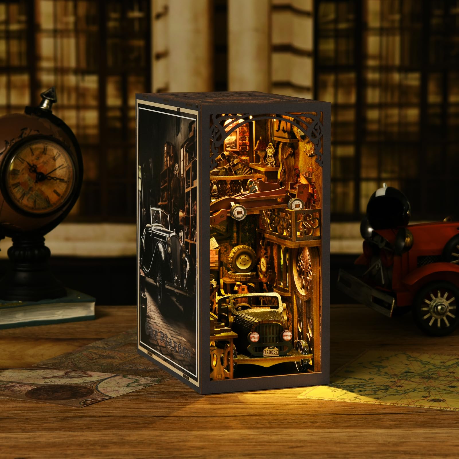 TOYQI garage diorama image captures the automotive hobby vibe and desk decor potential.