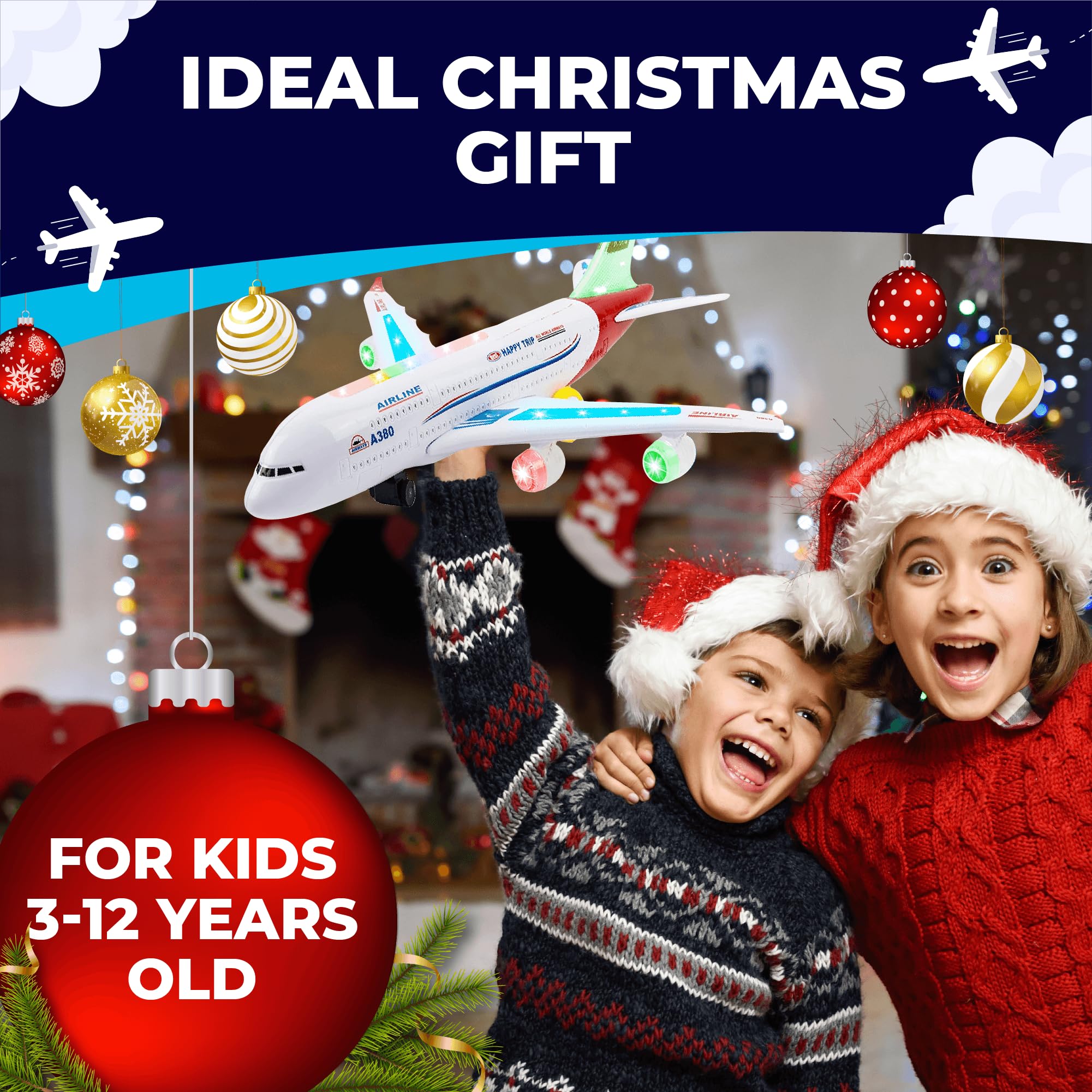 Toysery airplane emits authentic jet sounds for immersive pretend flights.