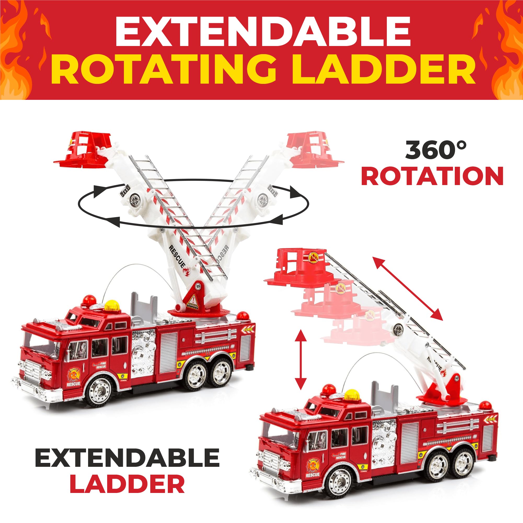 Toysery fire truck bumps and goes around obstacles for nonstop action.