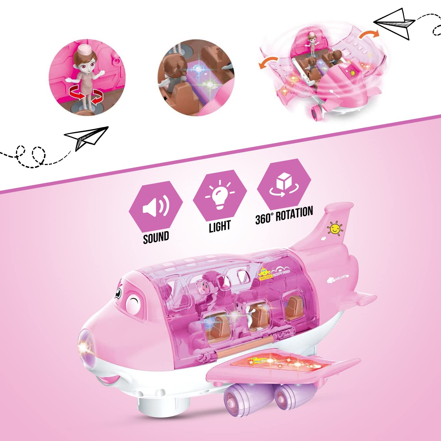 Toysery pink cargo airplane bump-and-go system helps avoid obstacles during play