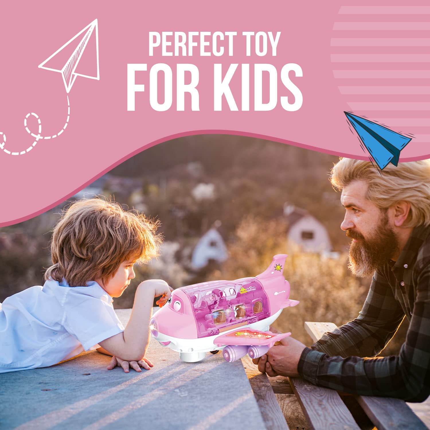 Toysery pink cargo airplane child playing scene promotes active creative pretend missions