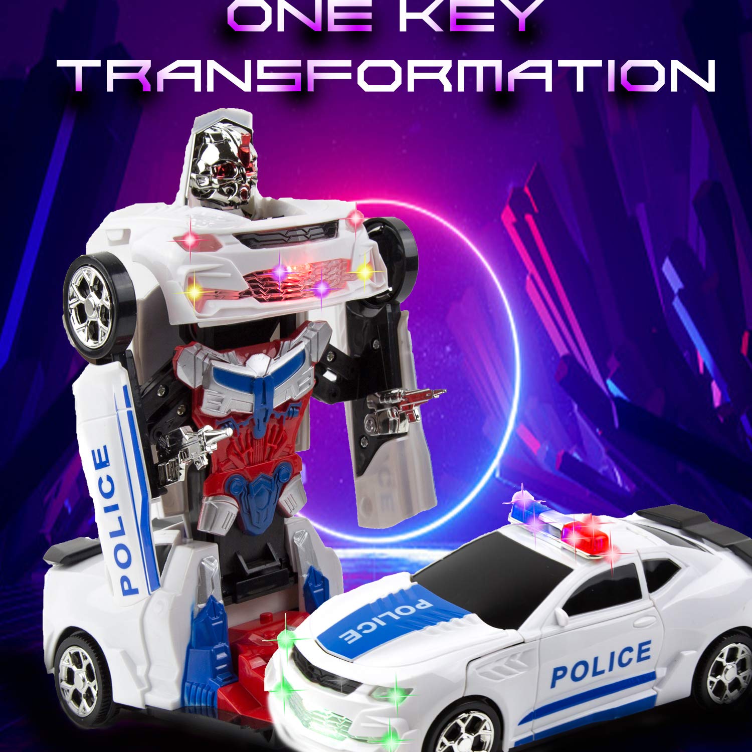 Toysery police car transforms with a simple button for instant play.