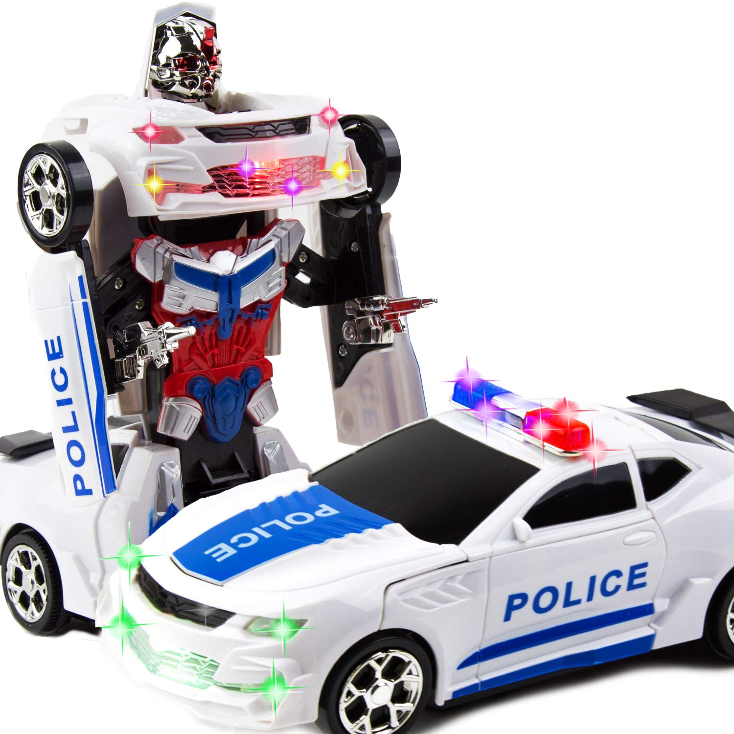 Toysery transforming robot police car with LED lights for vivid play visuals.