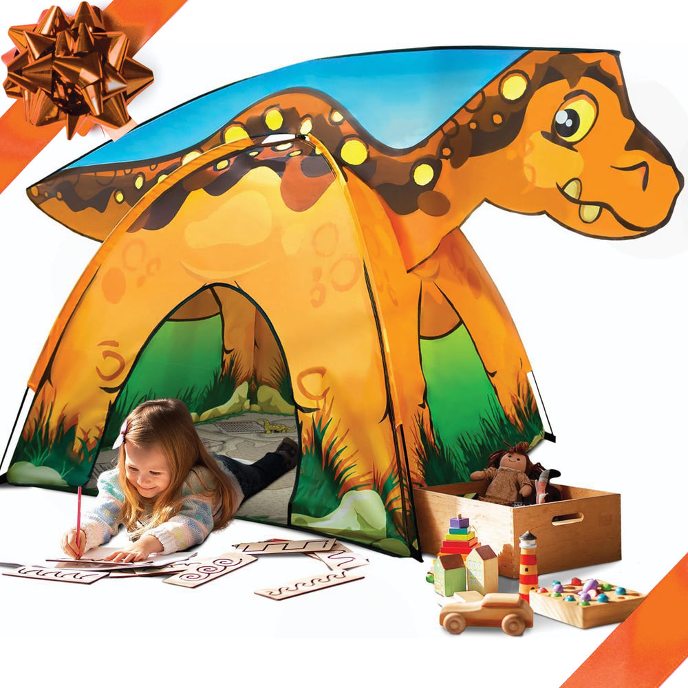 Toysical Dinosaur Discovery Tent top view highlights the dinosaur crown for imaginative play