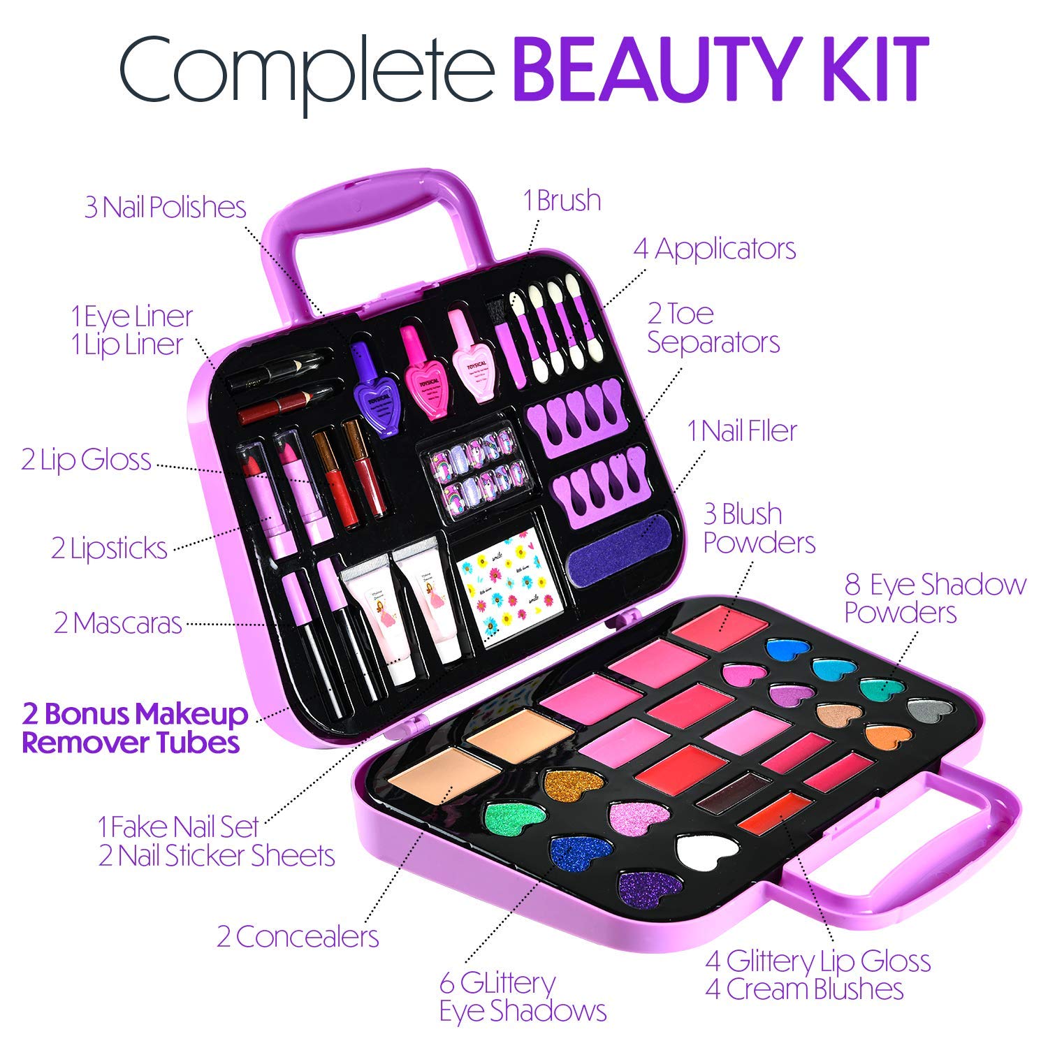 Toysical Kids Makeup Kit open compartment for quick pretend styling access.