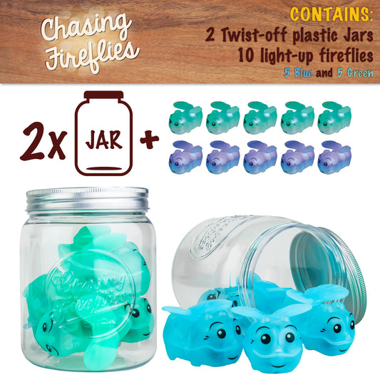 Five glow jar set from Toysmith for blue and green light play.