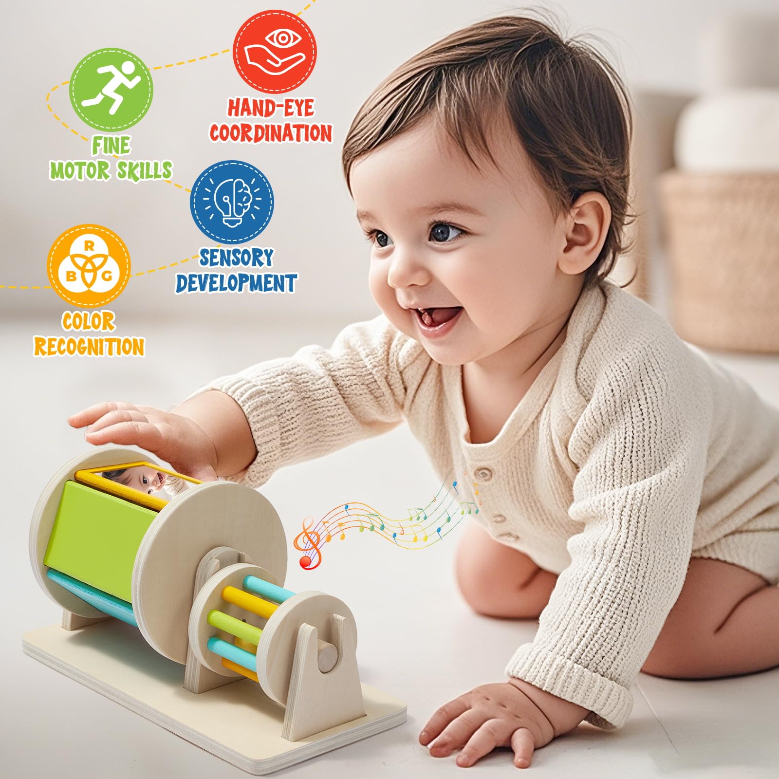 Toyssa detachable rattle provides easy-grasp sensory feedback.