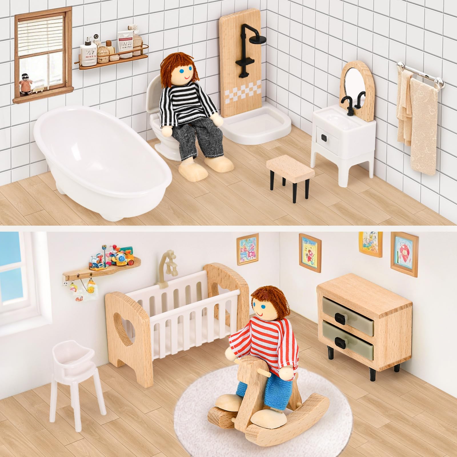Toyssa dollhouse fireplace and coffee table scene for warm family moments.