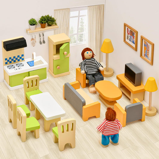 Toyssa dollhouse living room with sofa and TV, enhances storytelling and role-playing
