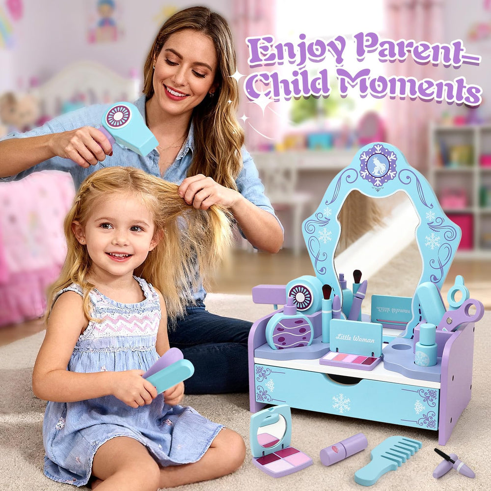 Toyssa lipstick and blush enhance imaginative dress-up moments.