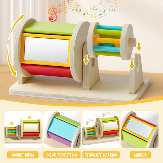 Toyssa rainbow-color drum engages visual tracking during play.