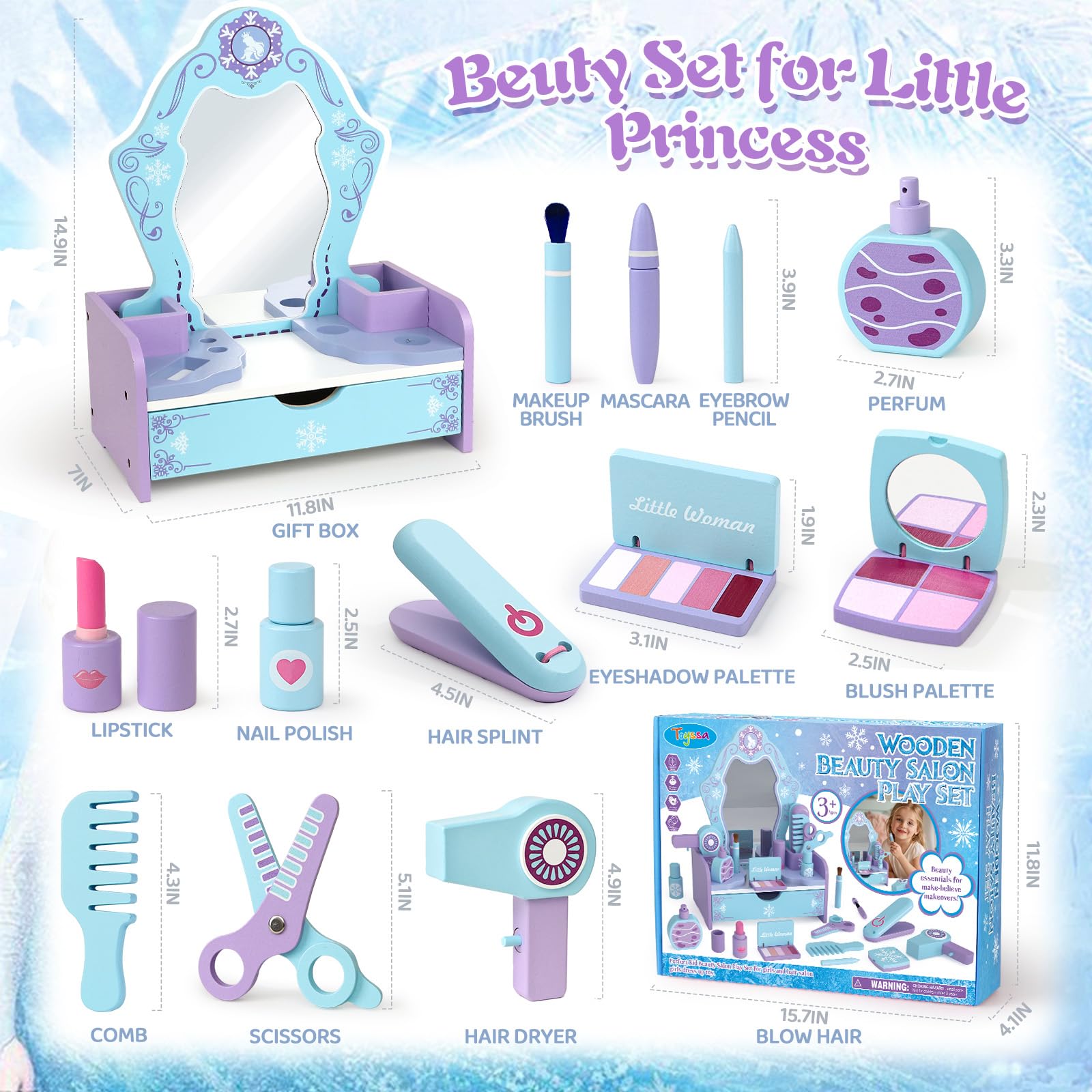 Toyssa snowflake decorations set adds festive charm to pretend beauty sessions.