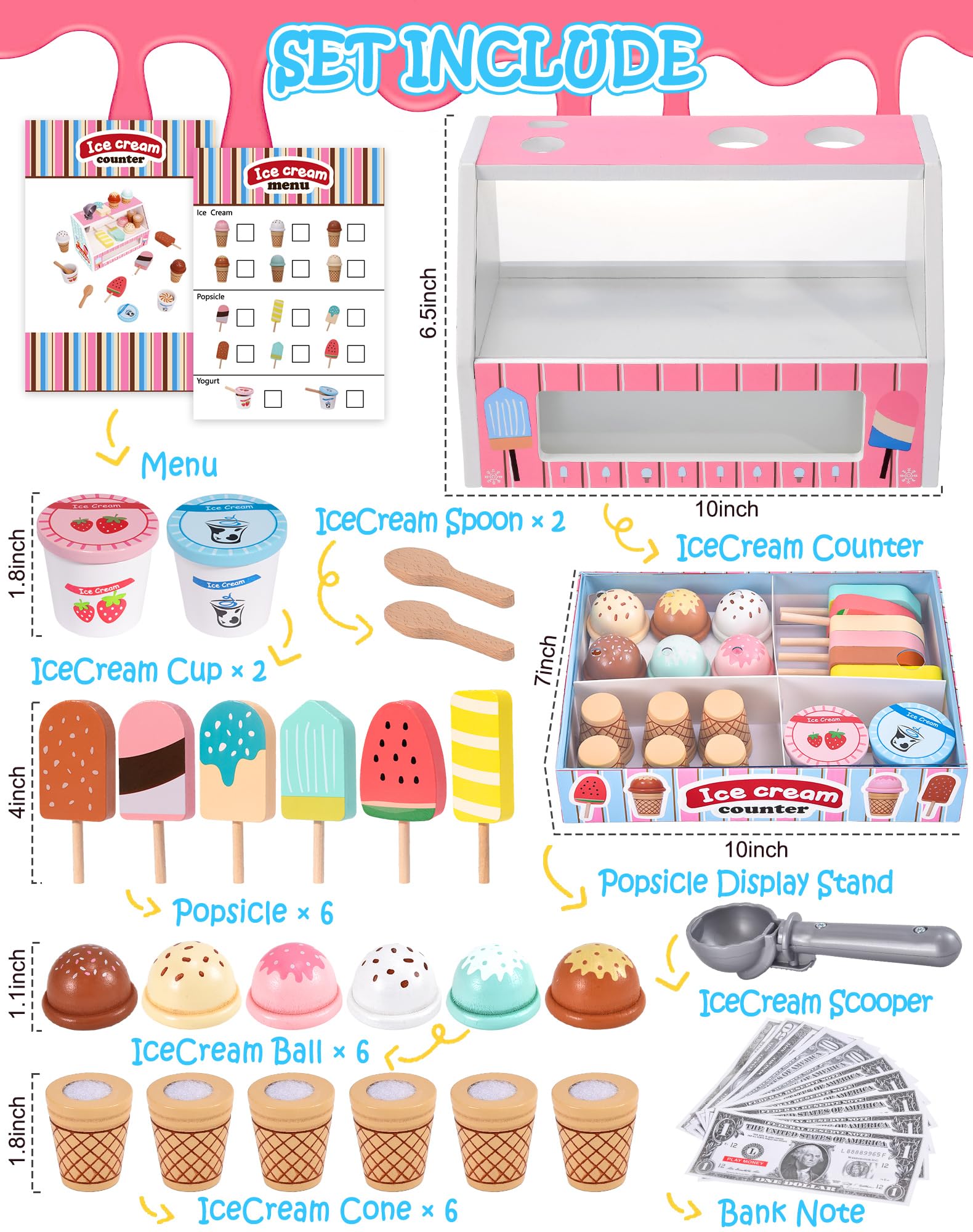 Toyssa wooden ice cream bars, colorful and tactile for pretend desserts.