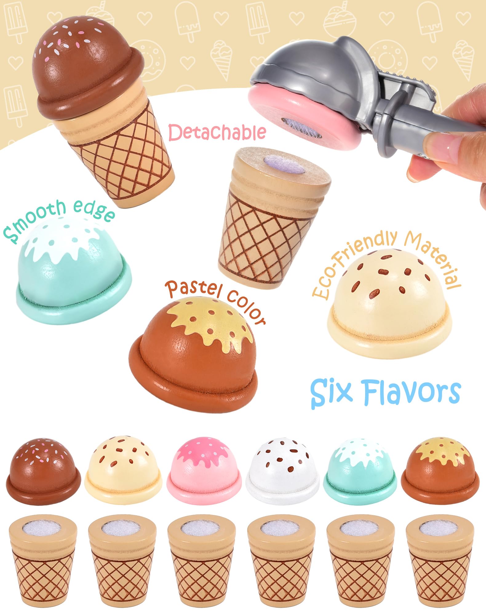 Toyssa wooden ice-cream cans add pretend toppings and variety.