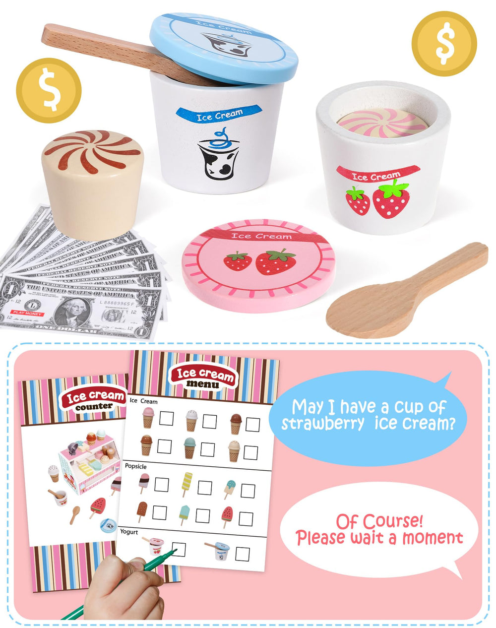 Toyssa wooden ice cream cones, simple to grasp for motor practice.