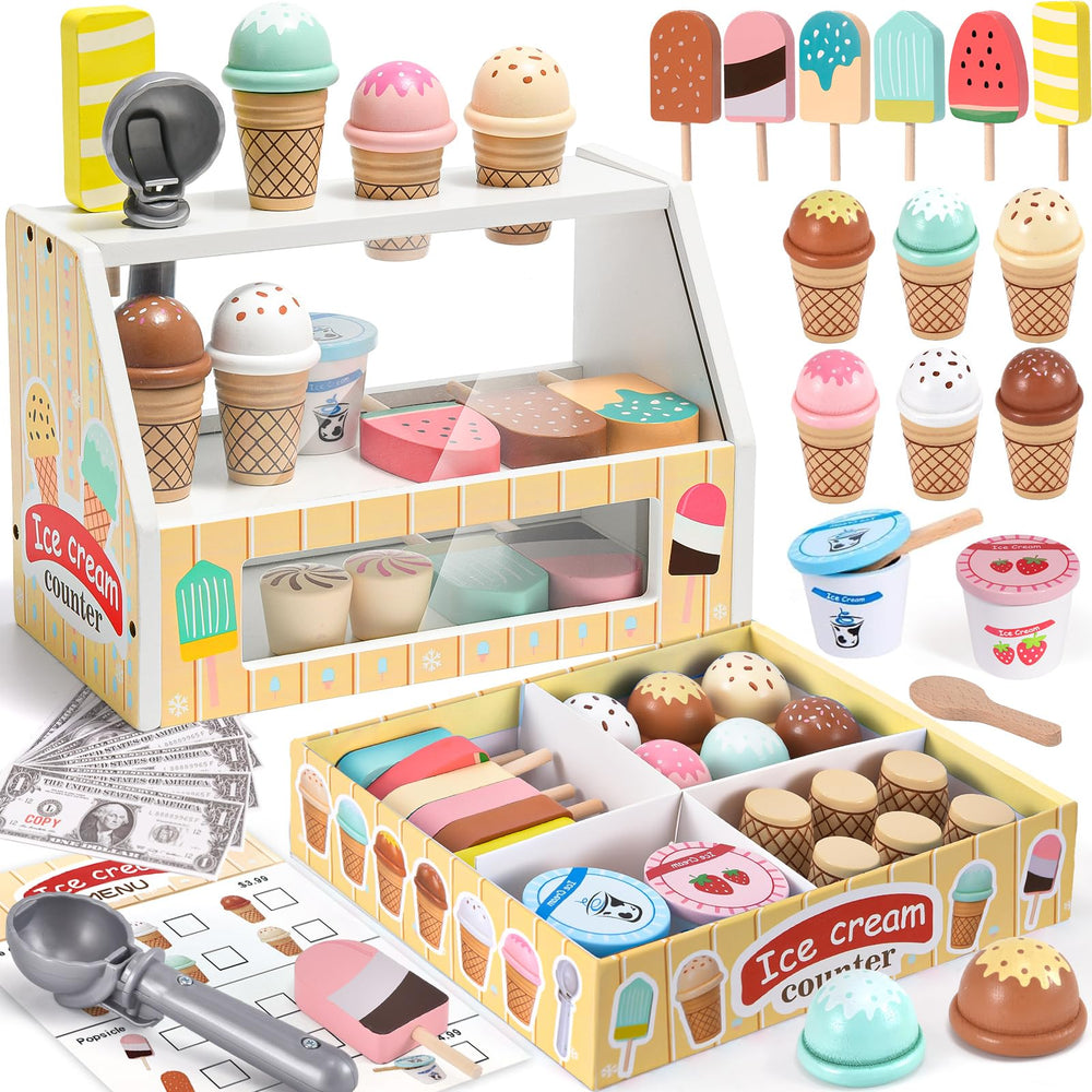Toyssa wooden ice-cream stand for imaginative play and social interaction.