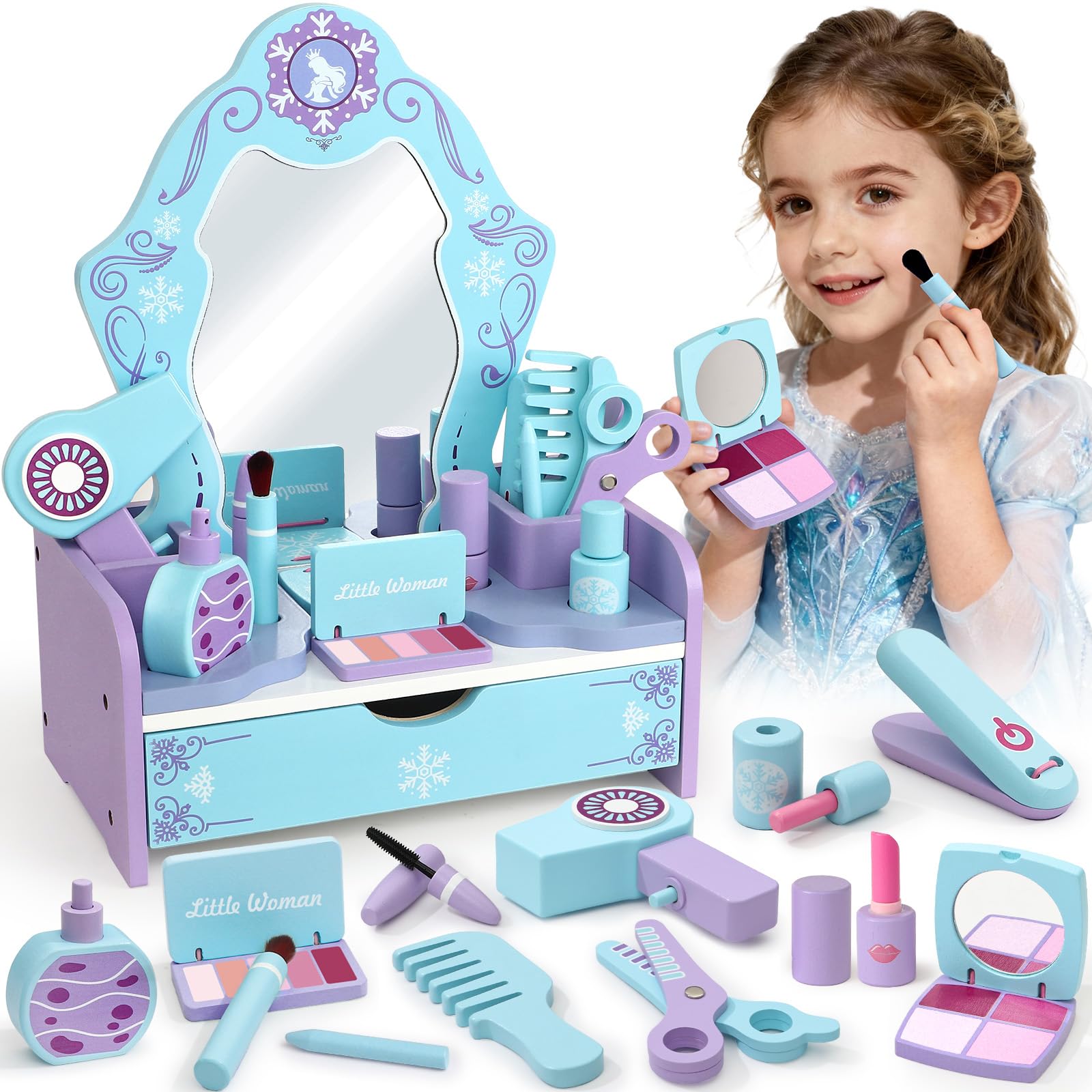 Toyssa wooden vanity table with large mirror fosters imaginative grooming play.