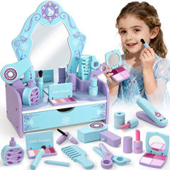 Toyssa wooden vanity table with large mirror fosters imaginative grooming play.