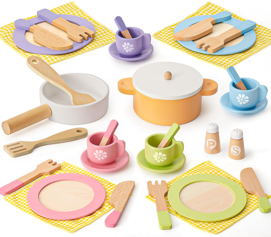 Toyssa wooden placemats support imaginative dining pretend-play.
