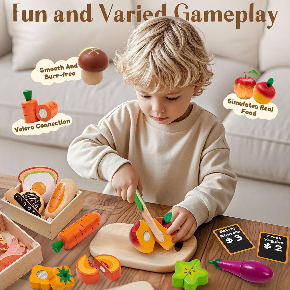 Toyssa carrot pieces support fine motor development during kitchen pretend play.