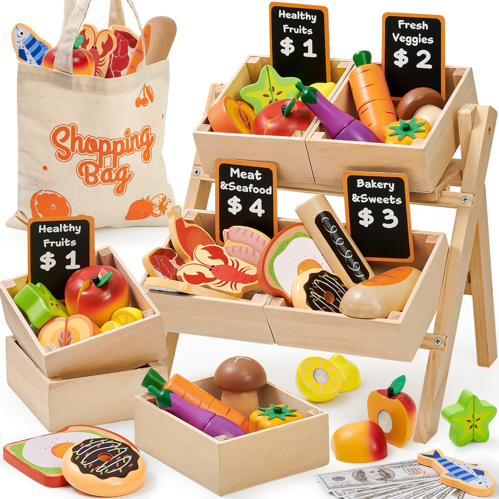 Toyssa wooden peaches enhance imaginative play and pretend shopping.