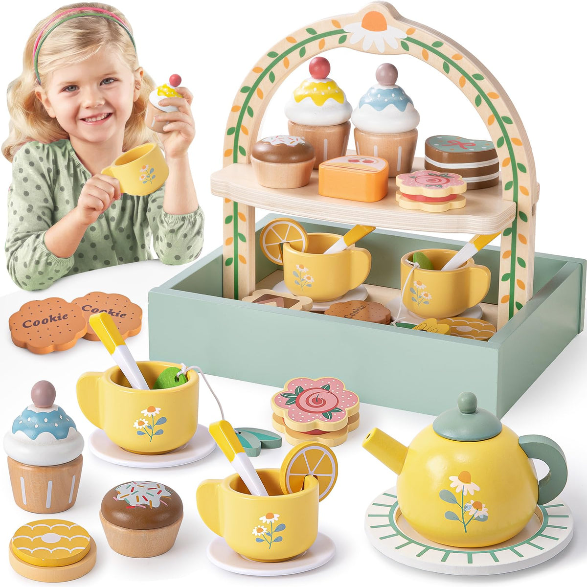 Toyssa wooden tea set with cake stand encourages imaginative play and organization.