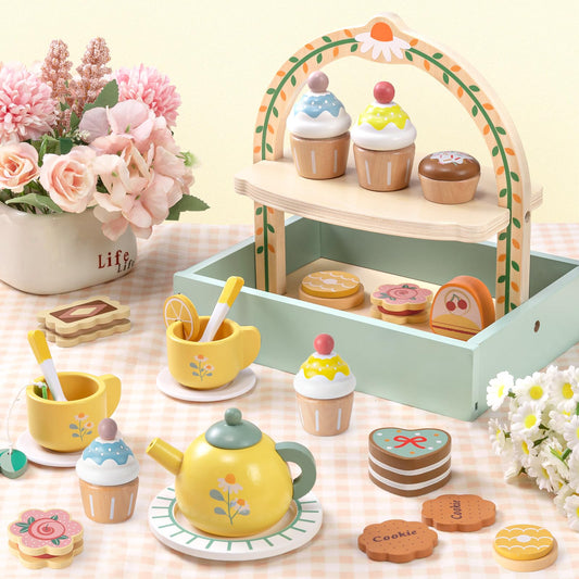 Toyssa wooden tea set teapot and cups support role-play and social sharing.