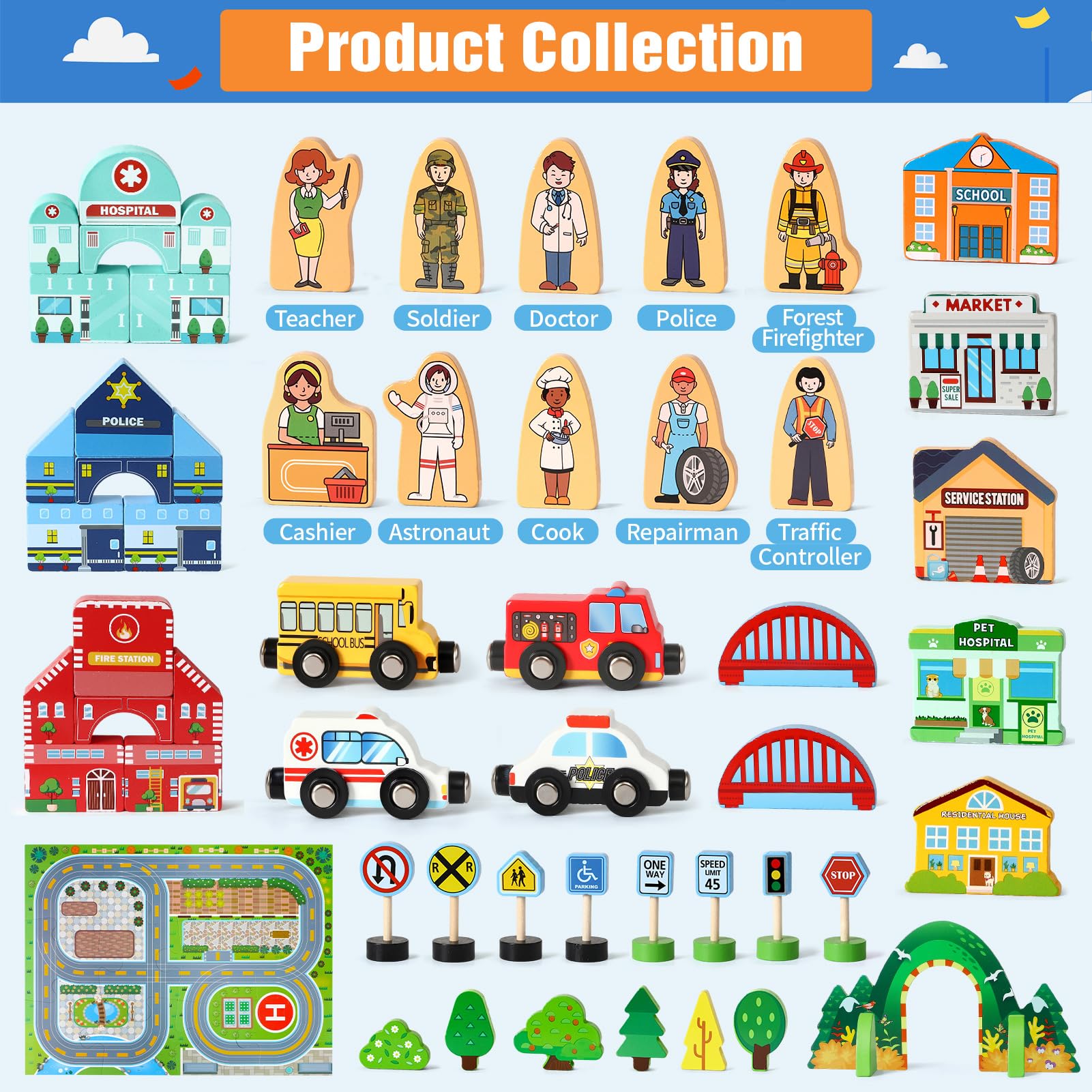 Toyssa wooden vehicles enhance safe, active pretend transportation play.