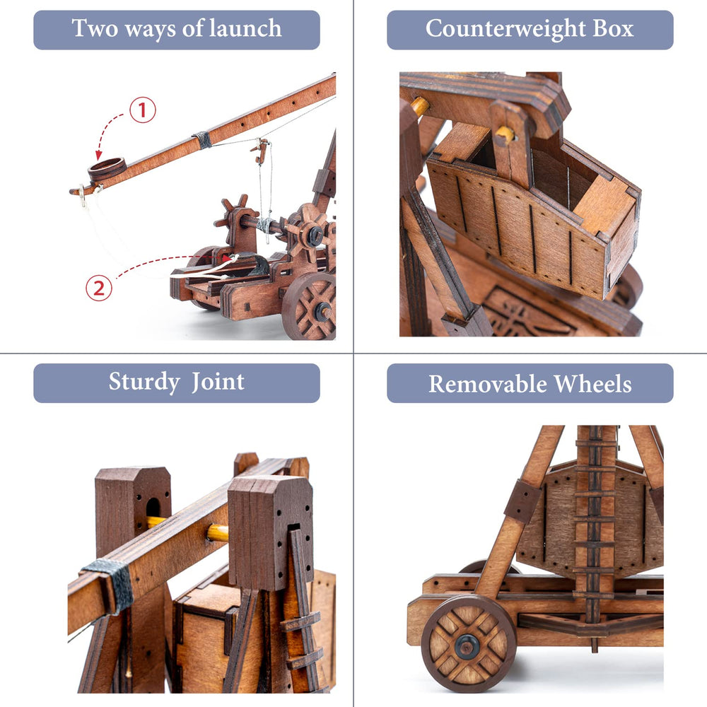 Toystub mini trebuchet close-up highlights craft detail and durability.