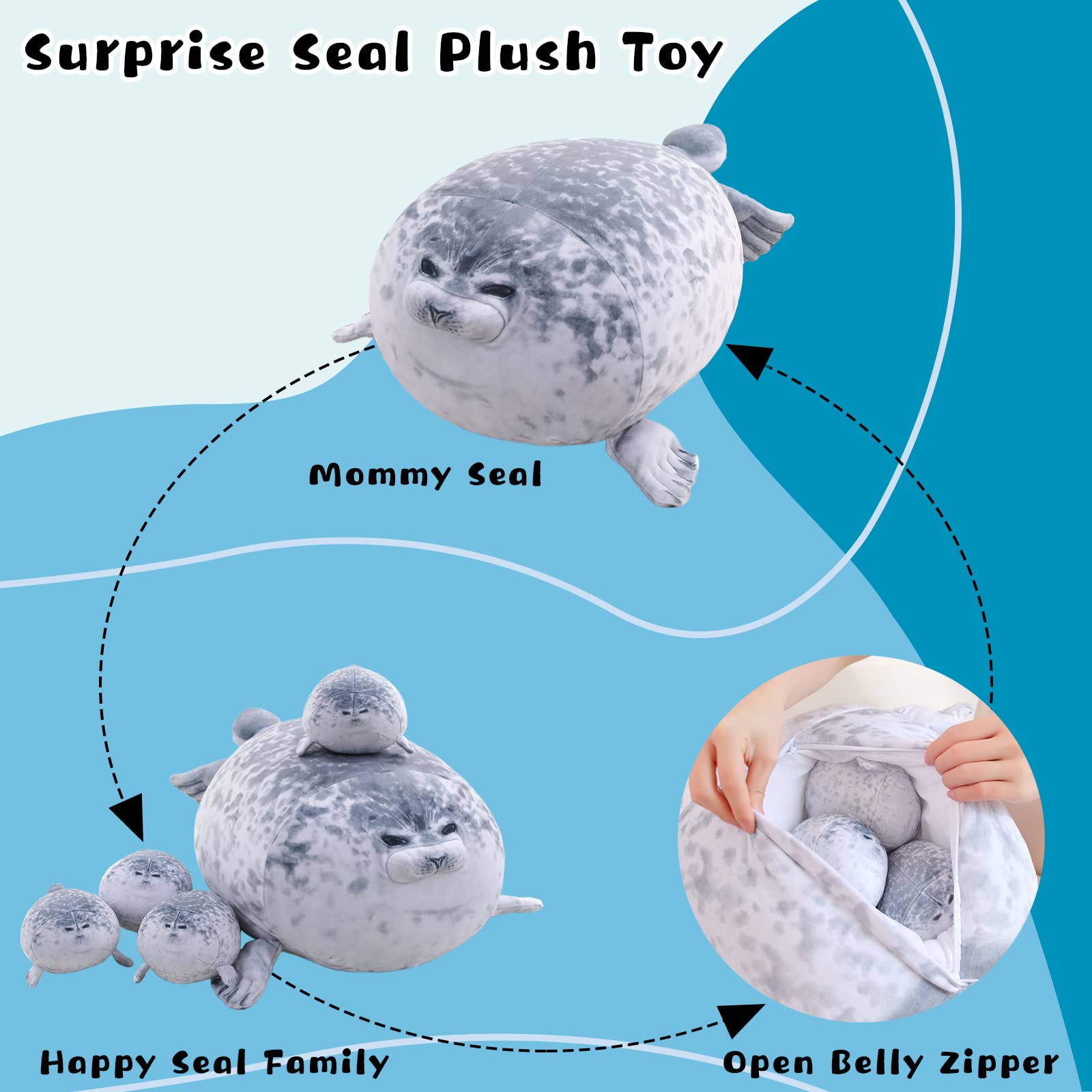 TOYSYM seal pillow tummy opening reveals removable baby seals for playtime.