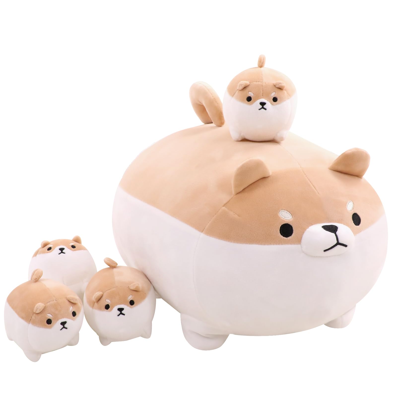 TOYSYM Shiba Inu plush mommy belly with four removable baby dolls for imaginative play.
