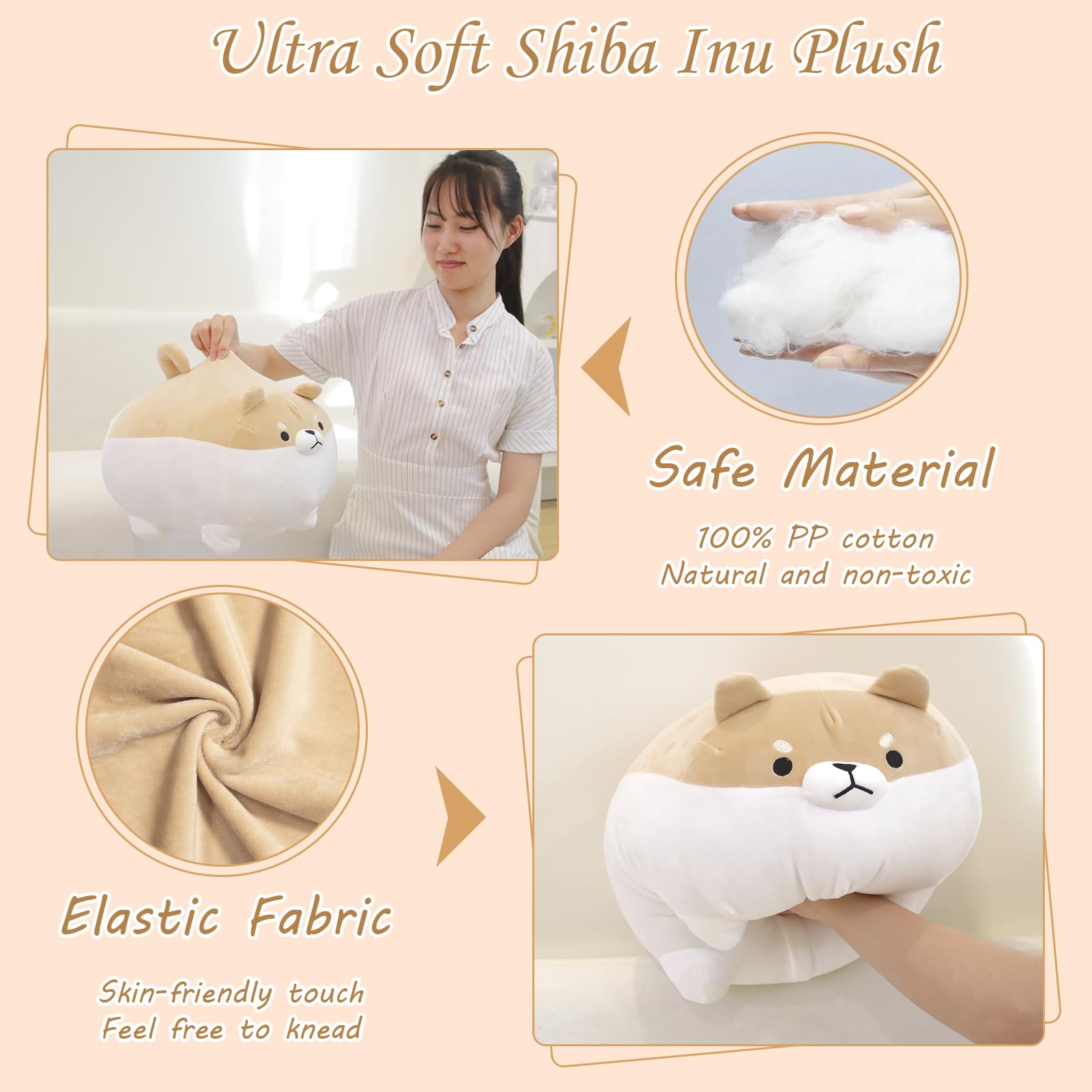 TOYSYM Shiba Inu plush features soft fabric for gentle hugs and cozy comfort.