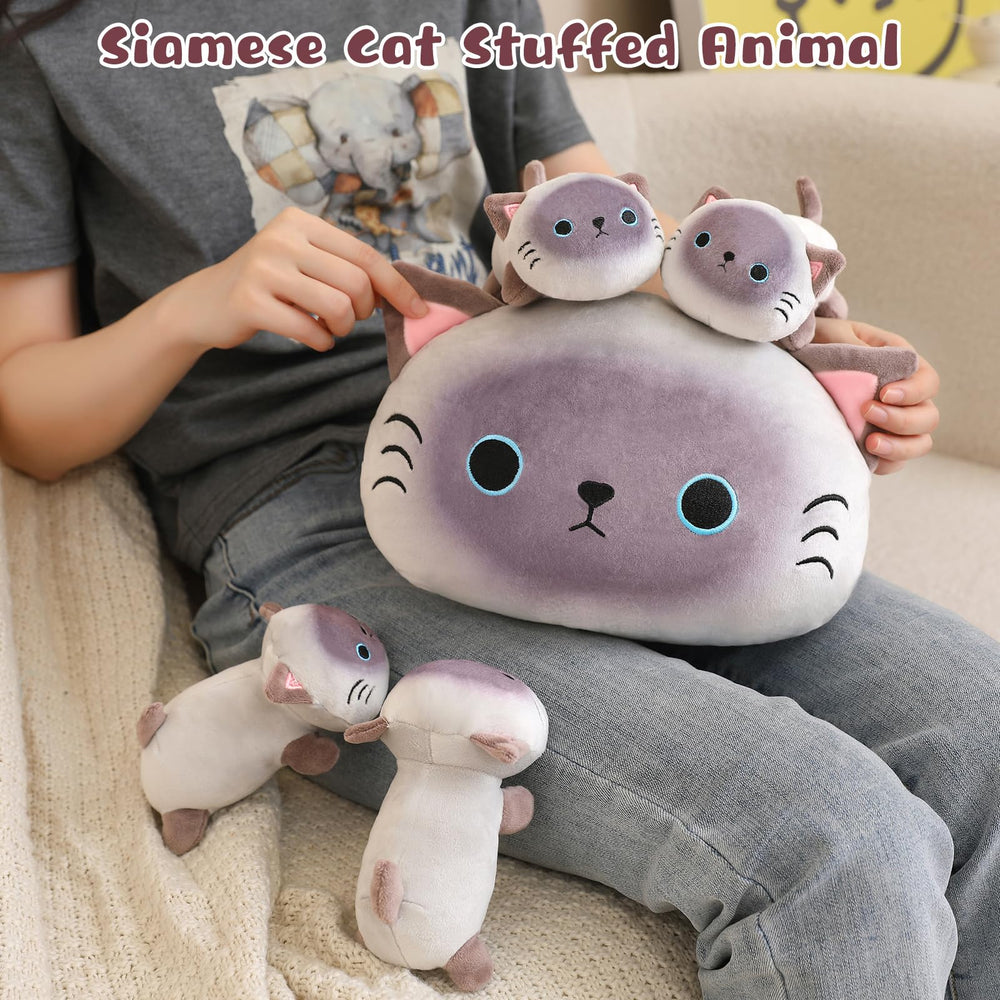 TOYSYM Siamese Cat Plush Baby 4 with removable baby plushies.