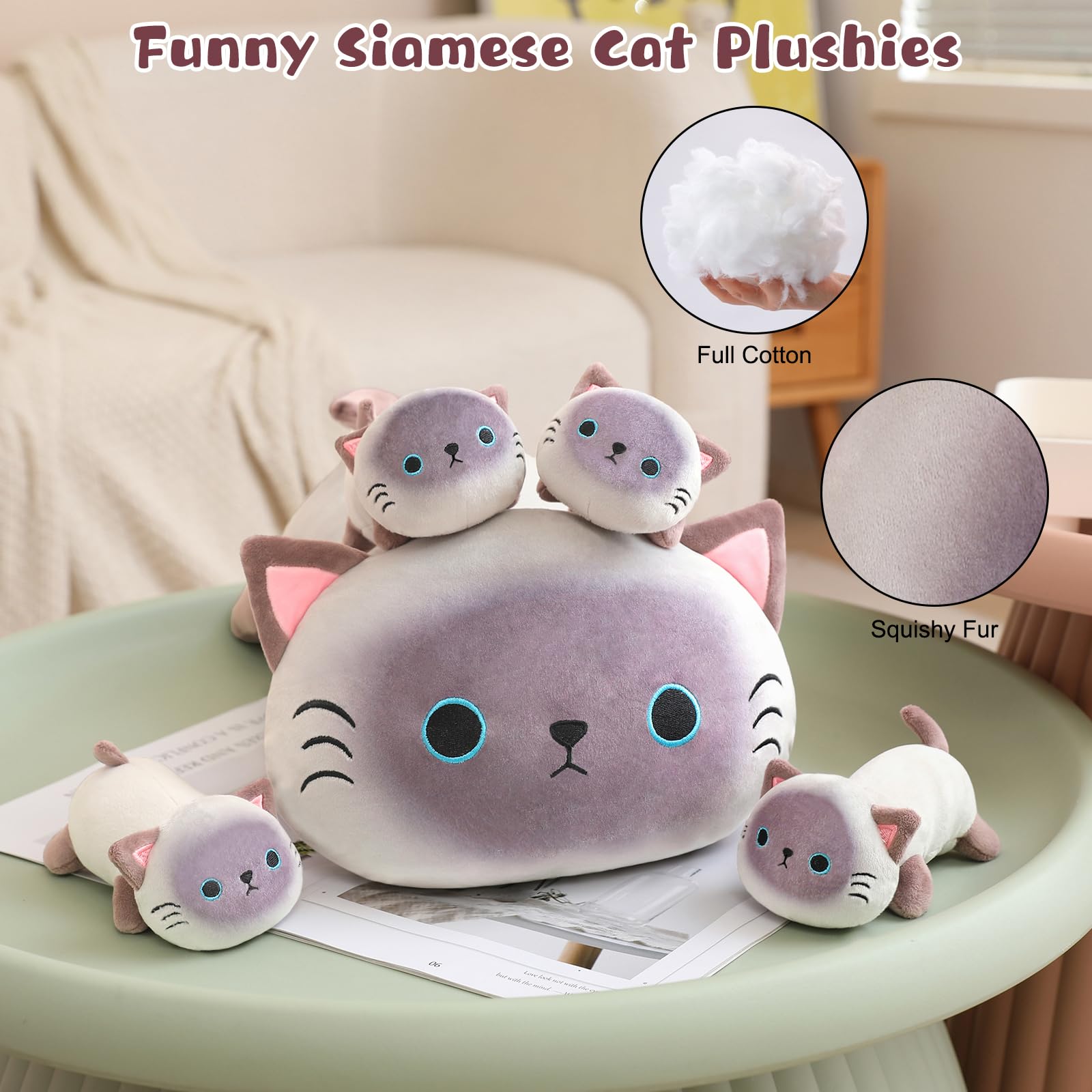TOYSYM Siamese Cat Plush in a cozy home setting for warmth and charm.