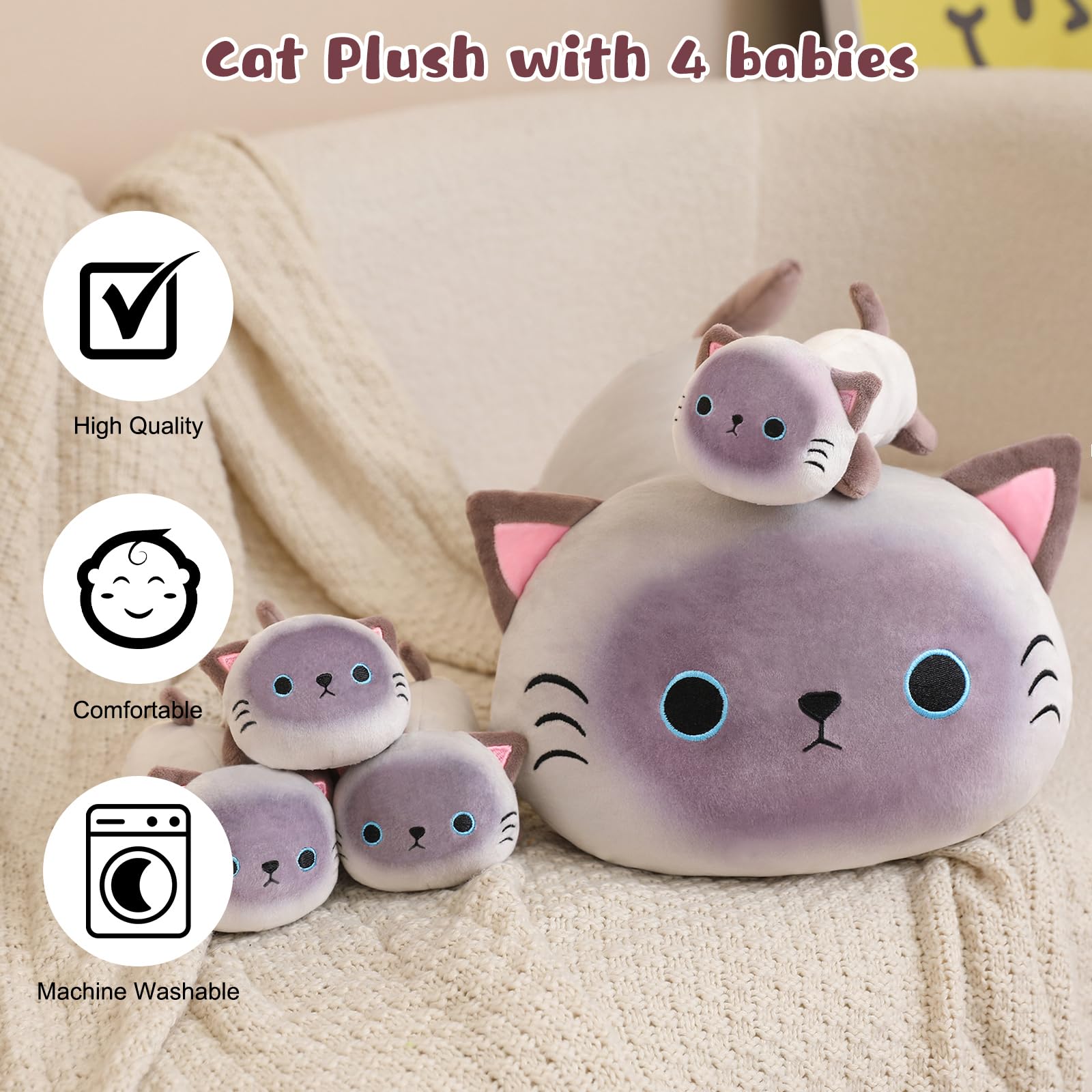 TOYSYM Siamese Cat Plush soft fabric and plush filling for cuddling.