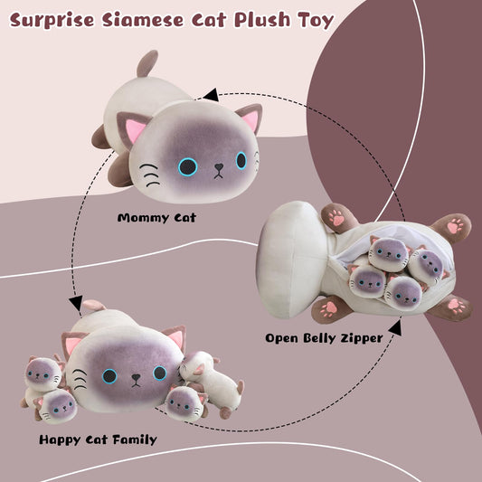 TOYSYM Siamese Cat Plush Mommy tummy opening showing removable babies for imaginative play.