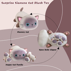 TOYSYM Siamese Cat Plush Mommy tummy opening showing removable babies for imaginative play.